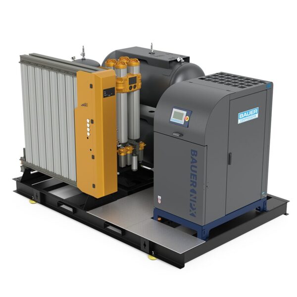 BAUER NPX™ SYSTEM 2: industrial gas compressor with control panel, filtration units, and metal housing on black platform.