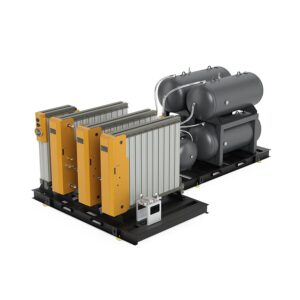 BAUER NPX™ SYSTEM 4 industrial air compressor with yellow controls and black tanks on a metal platform.