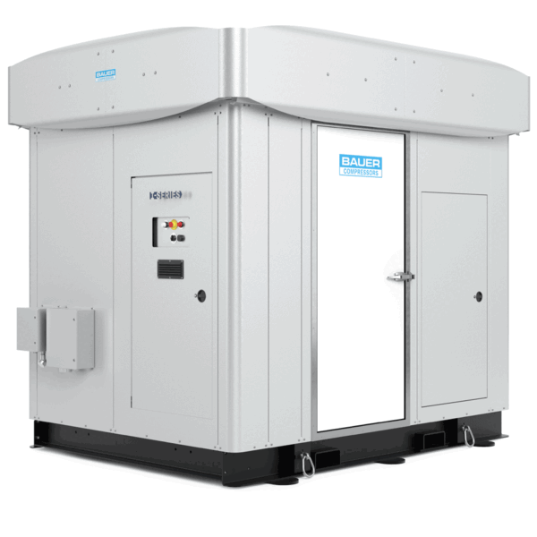 A large white BAUER I-SERIES III industrial equipment enclosure with access doors and control panels.