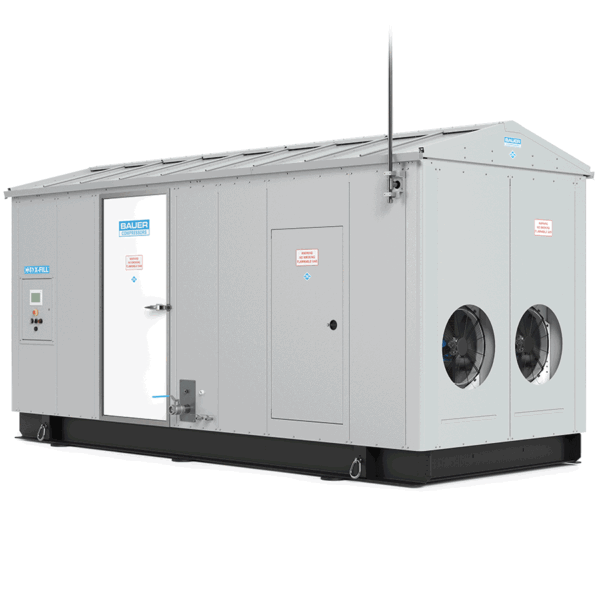 BAUER I-SERIES 4 INDUSTRIAL AIR COMPRESSOR with ventilation fans, control panel, and labeled doors on a black base.