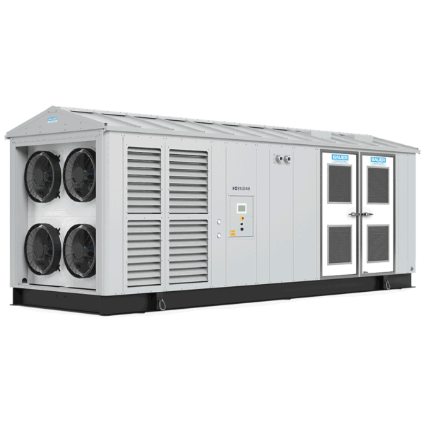 BAUER I-SERIES 5: Large industrial HVAC unit with three fans, vents, and control panel in a rectangular metal enclosure.
