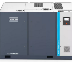 Oil-sealed Rotary Screw Vacuum Pump with control panel and labeled front panels for industrial use.