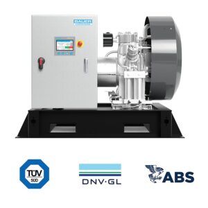BAUER BMP™ SERIES industrial compressor with control panel on black base, TÜV SÜD, DNV GL & ABS certifications below.