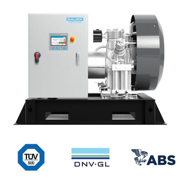 BAUER BMP™ SERIES industrial compressor with control panel on black base, TÜV SÜD, DNV GL & ABS certifications below.