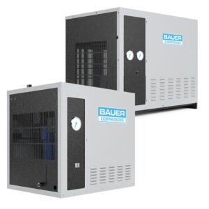 Two BAUER IHP SERIES compressors with gauges and vents, side by side on a white background.