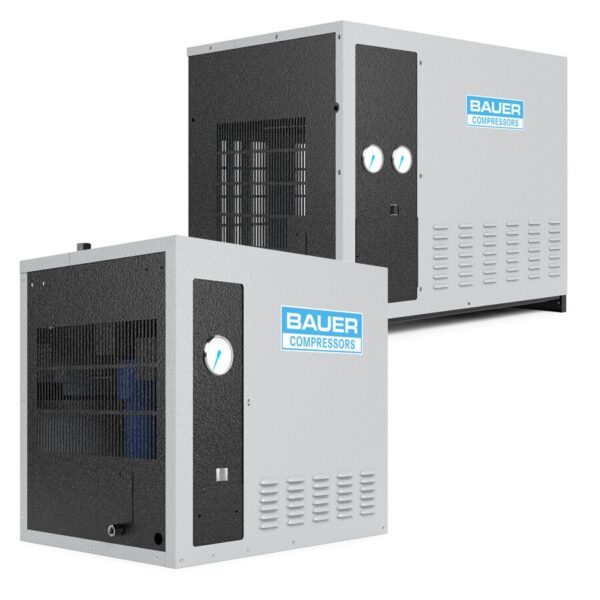 Two BAUER IHP SERIES compressors with gauges and vents, side by side on a white background.