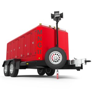 BAUER MNG II red mobile generator trailer with storage and floodlight, seen from a low front-right angle.