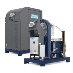 Two industrial Bauer compressors with control panels, one enclosed unit labeled "NITROGEN" and one open unit.