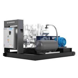 BAUER N-SERIES II air compressor system with control panel, air tank, piping, and blue electric motor on frame.