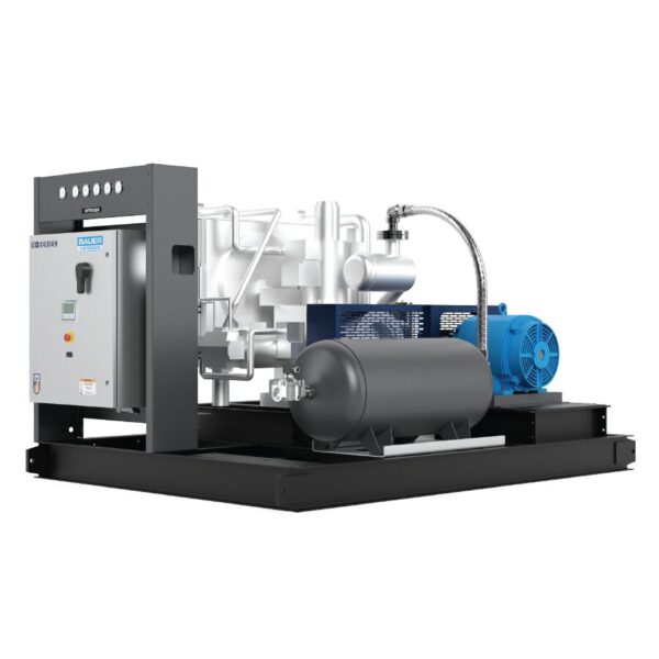 BAUER N-SERIES II air compressor system with control panel, air tank, piping, and blue electric motor on frame.