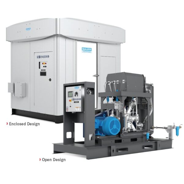 Two BAUER N-SERIES 4 air compressors are shown: one enclosed design and one open design.