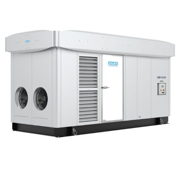 BAUER N-SERIES 5: Large industrial air compressor with dual fans, vent panel, side door, and control interface.