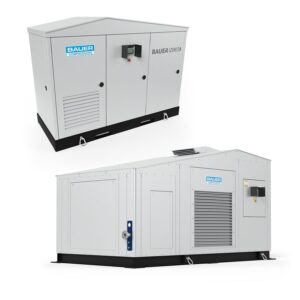 Two BAUER NGM® SERIES compressors in rectangular metal enclosures with vents, doors, and control panels.