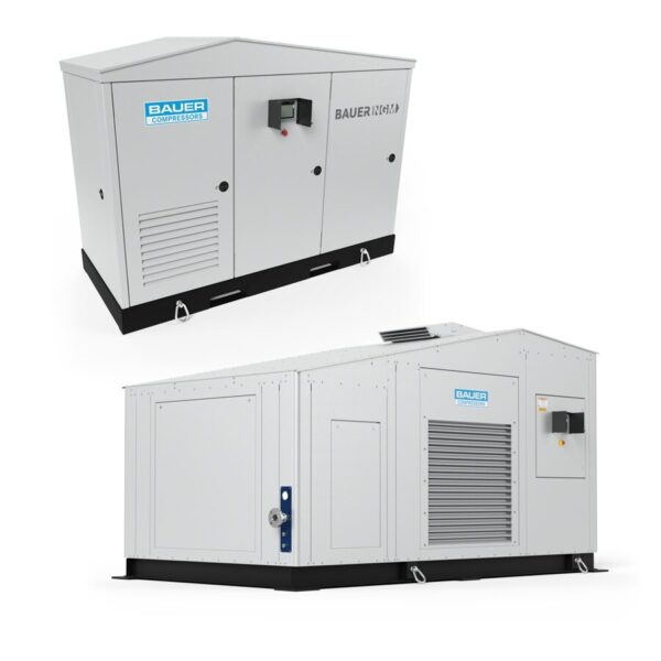 Two BAUER NGM® SERIES compressors in rectangular metal enclosures with vents, doors, and control panels.