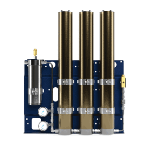 P-FILTER: Four-cylinder industrial filtration system with pressure gauges and metal piping on a blue panel.