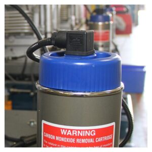 The SECURUS carbon monoxide removal cartridge has a blue cap, warning label, and is connected by a black cable.