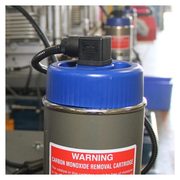 The SECURUS carbon monoxide removal cartridge has a blue cap, warning label, and is connected by a black cable.