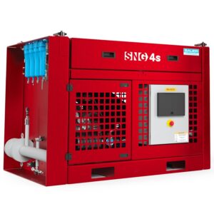 Front view of SNG® 4S Bauer compressor with control panel and visible piping, industrial red unit.