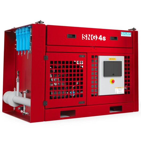 Front view of SNG® 4S Bauer compressor with control panel and visible piping, industrial red unit.