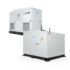 Two SNG® SERIES compressors are shown on a white background, each with control panels and ventilation grilles.