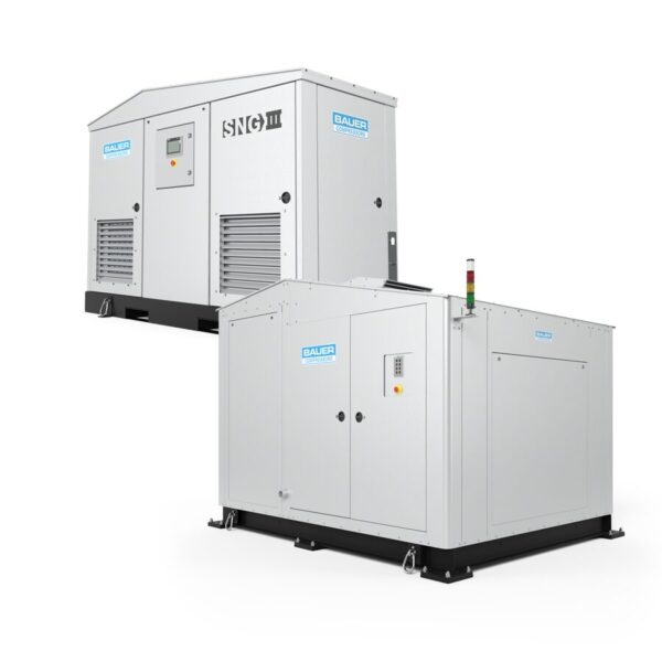 Two SNG® SERIES compressors are shown on a white background, each with control panels and ventilation grilles.