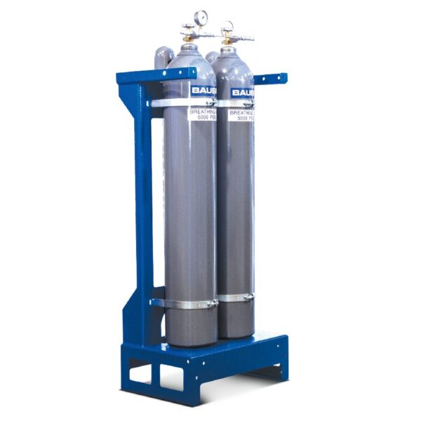 Two large gas cylinders in a blue frame with regulators, labeled "Nitrogen Storage 5000 PSI.