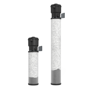 Two WOS m SERIES separators: one short, one tall; both transparent with black tops, filled with white and gray media.